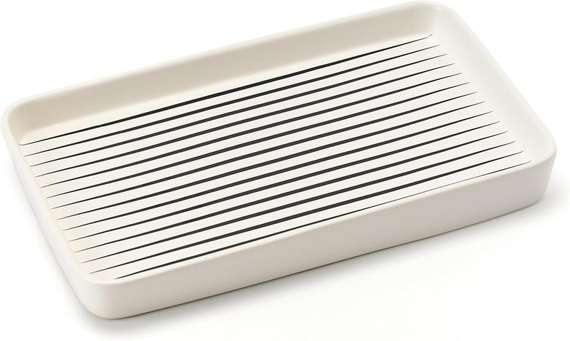 Pottify 10"×6"×1" White Bathroom Vanity Tray for Countertop- Ceramic Decorative Organizer Tray for Dresser Tops, Toilet, Perfume, Sponge Holder Soap Dish Dispenser for Kitchen Counter- Black Stripes - Image 2